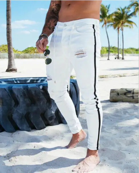 Men's Skinny Ripped Denim Pants with Patch Details