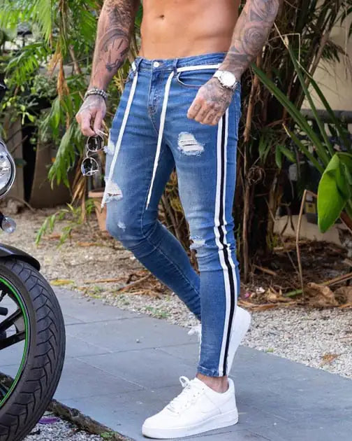 Men's Skinny Ripped Denim Pants with Patch Details