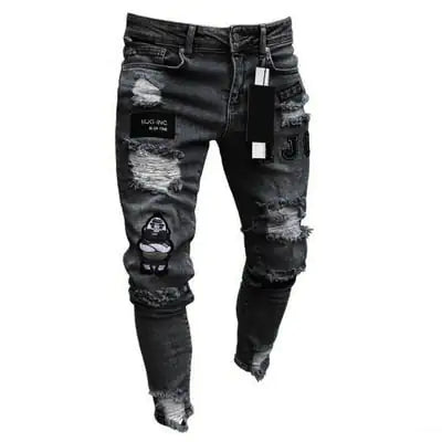 Men's Skinny Ripped Denim Pants with Patch Details