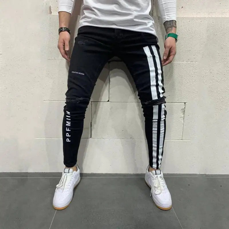 Men's Skinny Ripped Denim Pants with Patch Details