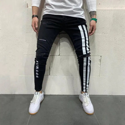 Men's Skinny Ripped Denim Pants with Patch Details