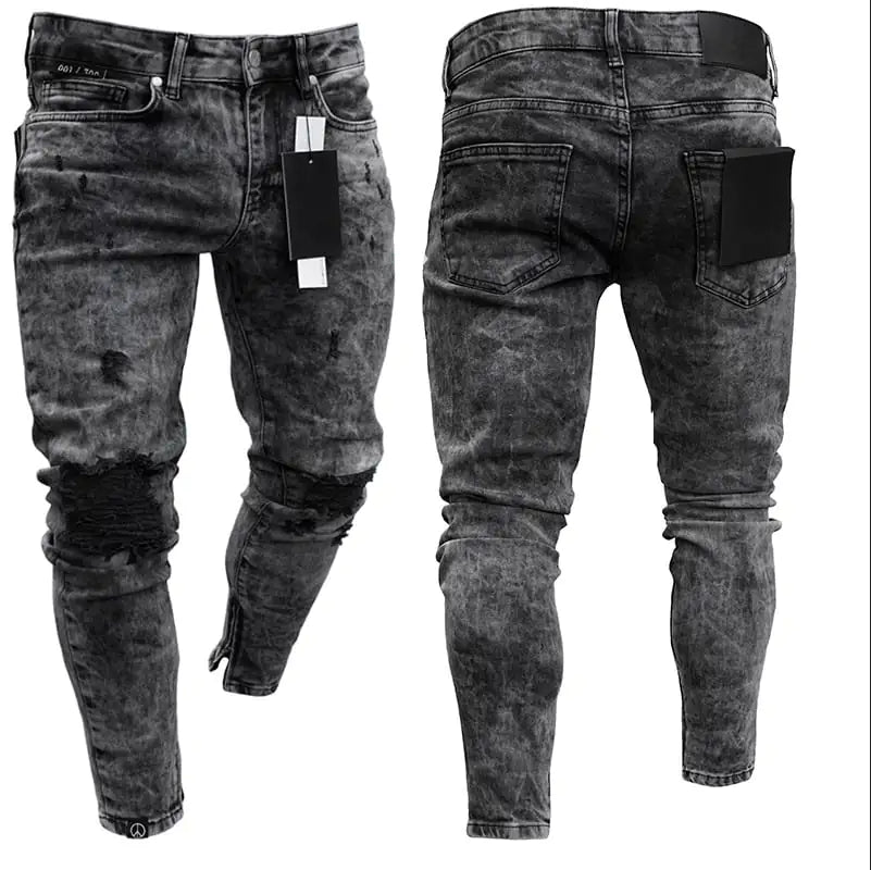 Men's Skinny Ripped Denim Pants with Patch Details