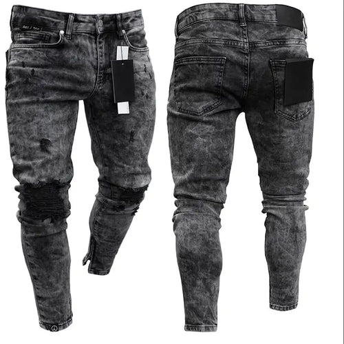 Men's Skinny Ripped Denim Pants with Patch Details
