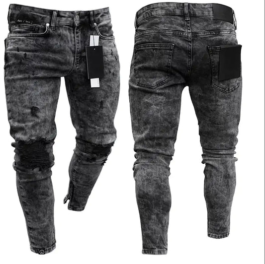 Men's Skinny Ripped Denim Pants with Patch Details