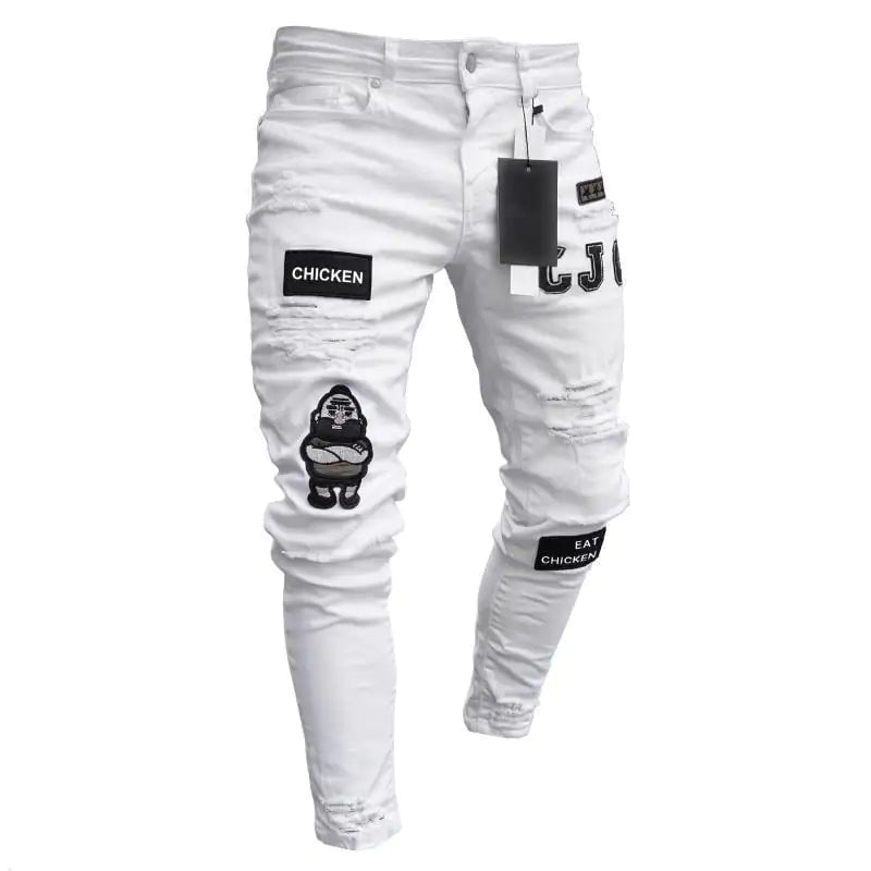 Men's Skinny Ripped Denim Pants with Patch Details