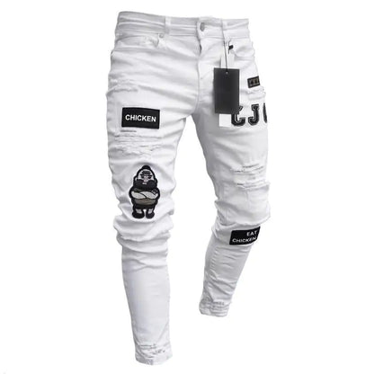 Men's Skinny Ripped Denim Pants with Patch Details
