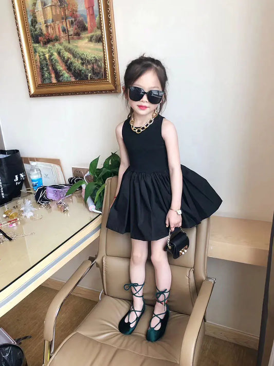 Girls' Puff Skirt Cross-Back Dress