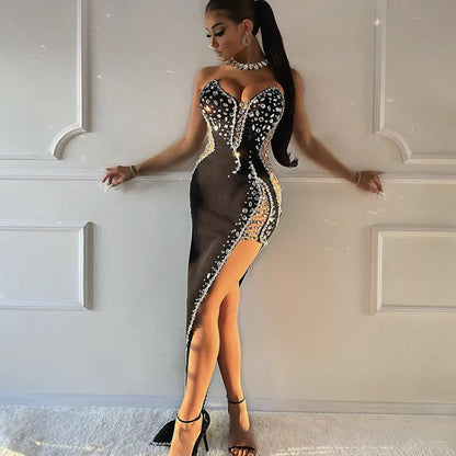 Elegant Beaded Lace V-Neck Gown