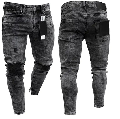 Men's Skinny Ripped Denim Pants with Patch Details