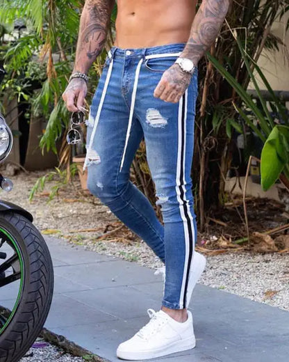 Men's Skinny Ripped Denim Pants with Patch Details