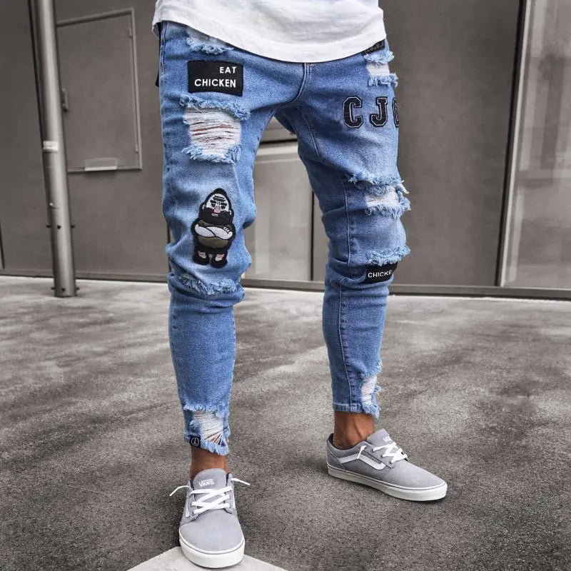 Men's Skinny Ripped Denim Pants with Patch Details