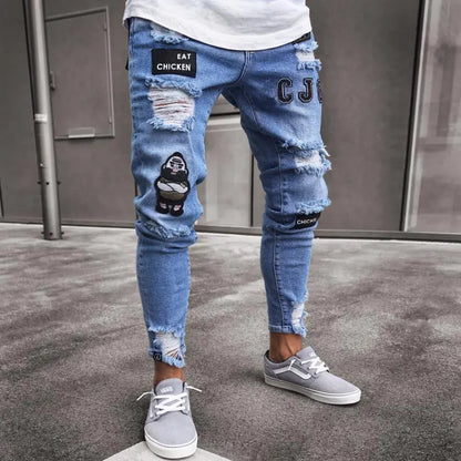 Men's Skinny Ripped Denim Pants with Patch Details