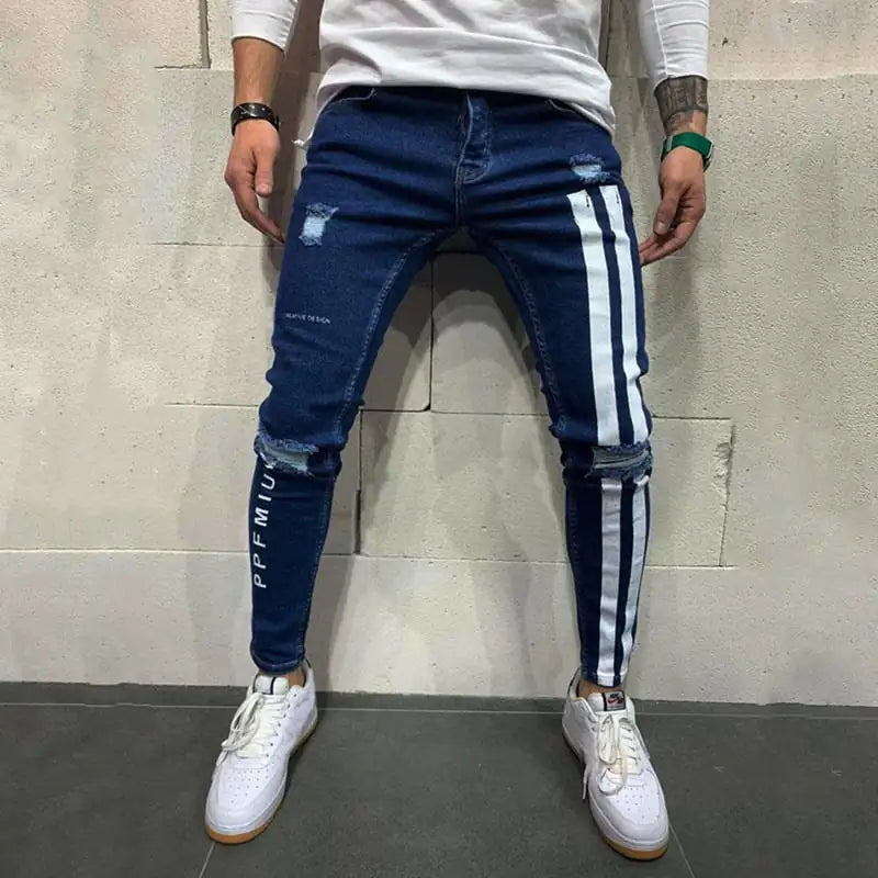 Men's Skinny Ripped Denim Pants with Patch Details